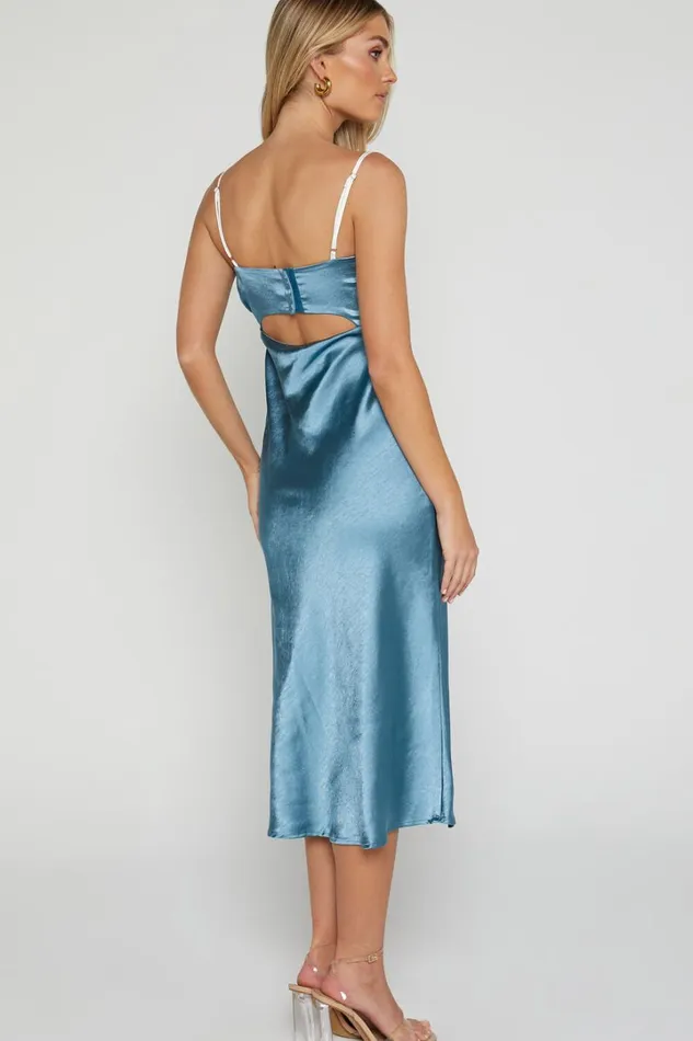 Shantelle Midi Dress 8211 Satin Slip Contrast Bust Dress In Steel Blue Women Showpo Dresses