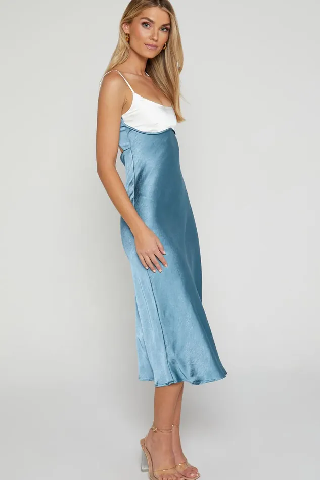 Shantelle Midi Dress 8211 Satin Slip Contrast Bust Dress In Steel Blue Women Showpo Dresses