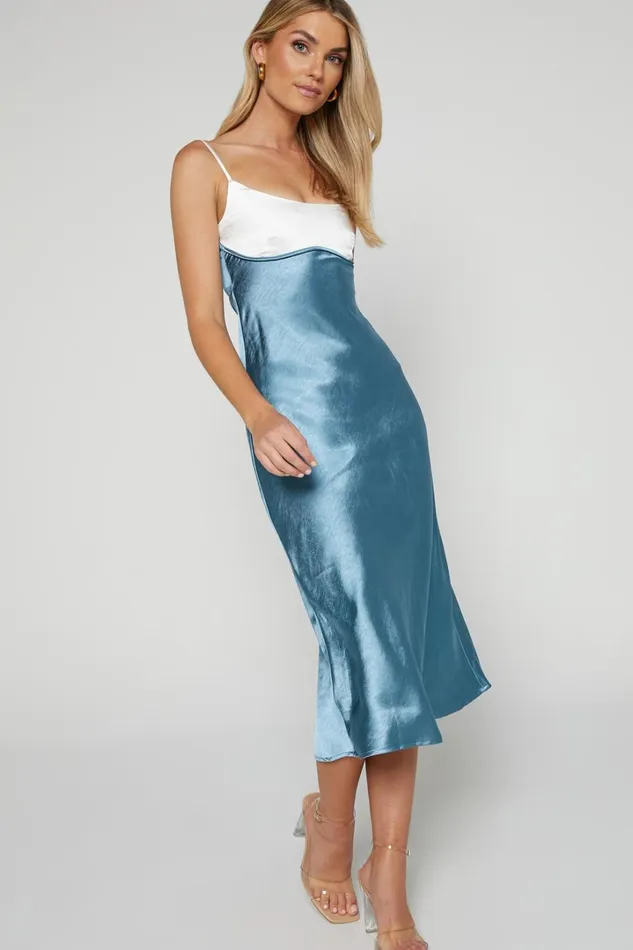 Shantelle Midi Dress 8211 Satin Slip Contrast Bust Dress In Steel Blue Women Showpo Dresses