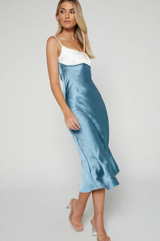 Shantelle Midi Dress 8211 Satin Slip Contrast Bust Dress In Steel Blue Women Showpo Dresses