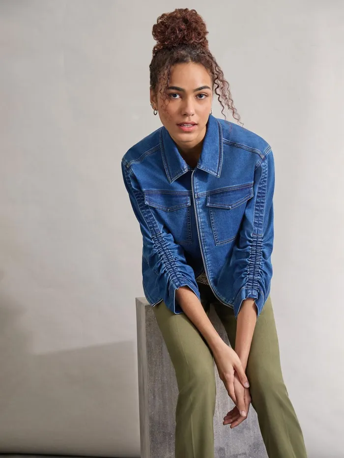 Shirred Sleeve City Denim Jacket Shore Wash Women Jones New York Outerwear