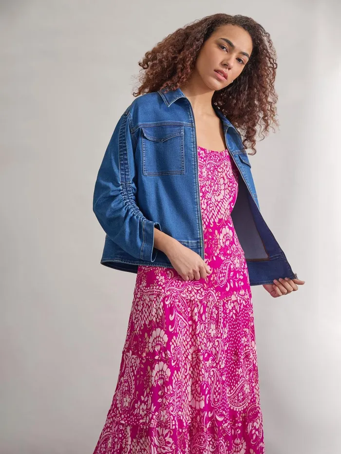 Shirred Sleeve City Denim Jacket Shore Wash Women Jones New York Outerwear Shirred Sleeve City Denim Jacket Shore Wash Women Jones New York Outerwear