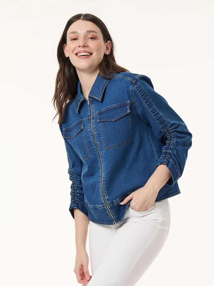 Shirred Sleeve City Denim Jacket Shore Wash Women Jones New York Outerwear Shirred Sleeve City Denim Jacket Shore Wash Women Jones New York Outerwear