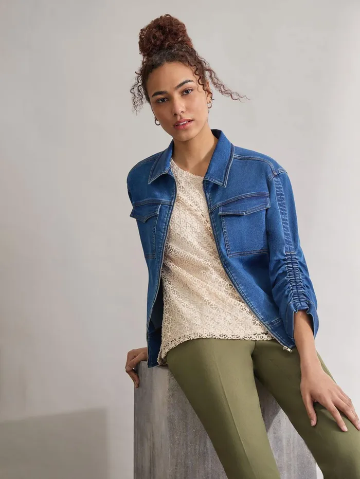 Shirred Sleeve City Denim Jacket Shore Wash Women Jones New York Outerwear Shirred Sleeve City Denim Jacket Shore Wash Women Jones New York Outerwear