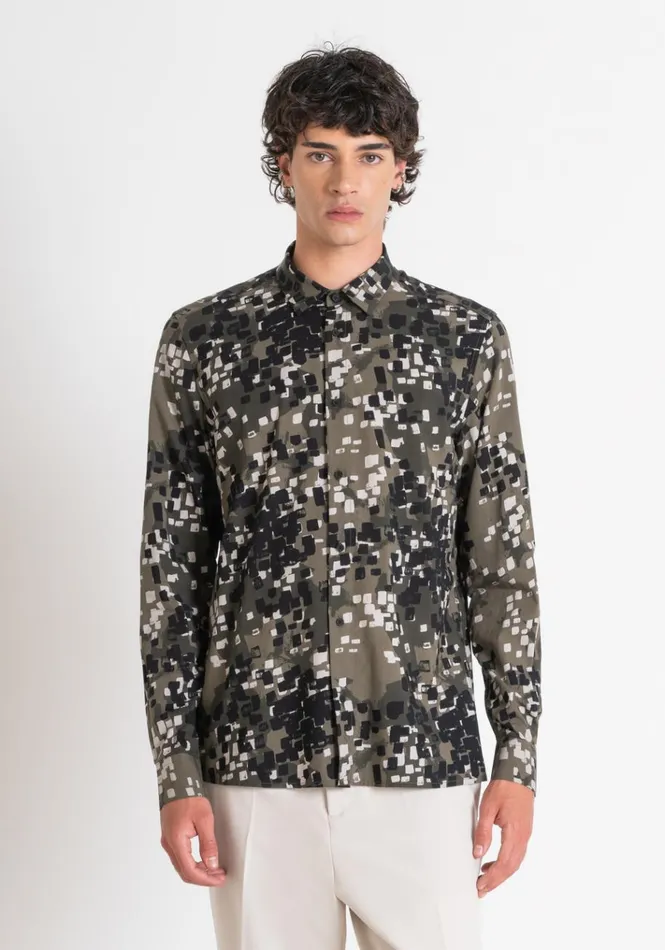 Shirts Men Antony Morato Barcelona Regular Fit Straight Cut Printed Viscose Blend Shirt Army Green