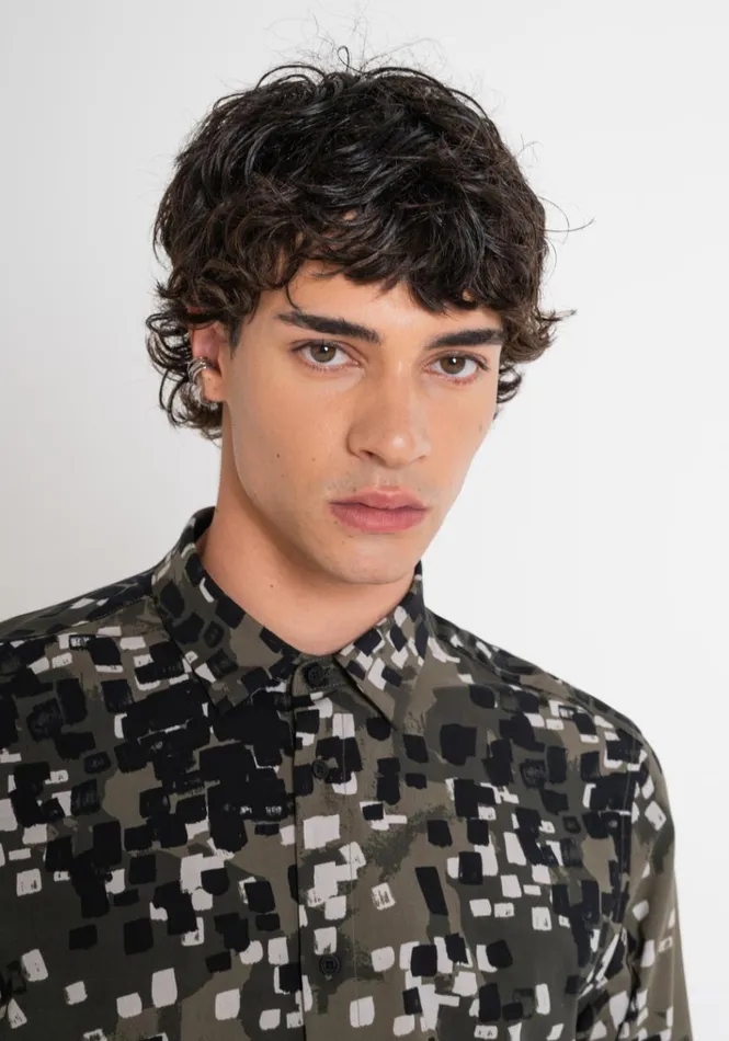 Shirts Men Antony Morato Barcelona Regular Fit Straight Cut Printed Viscose Blend Shirt Army Green