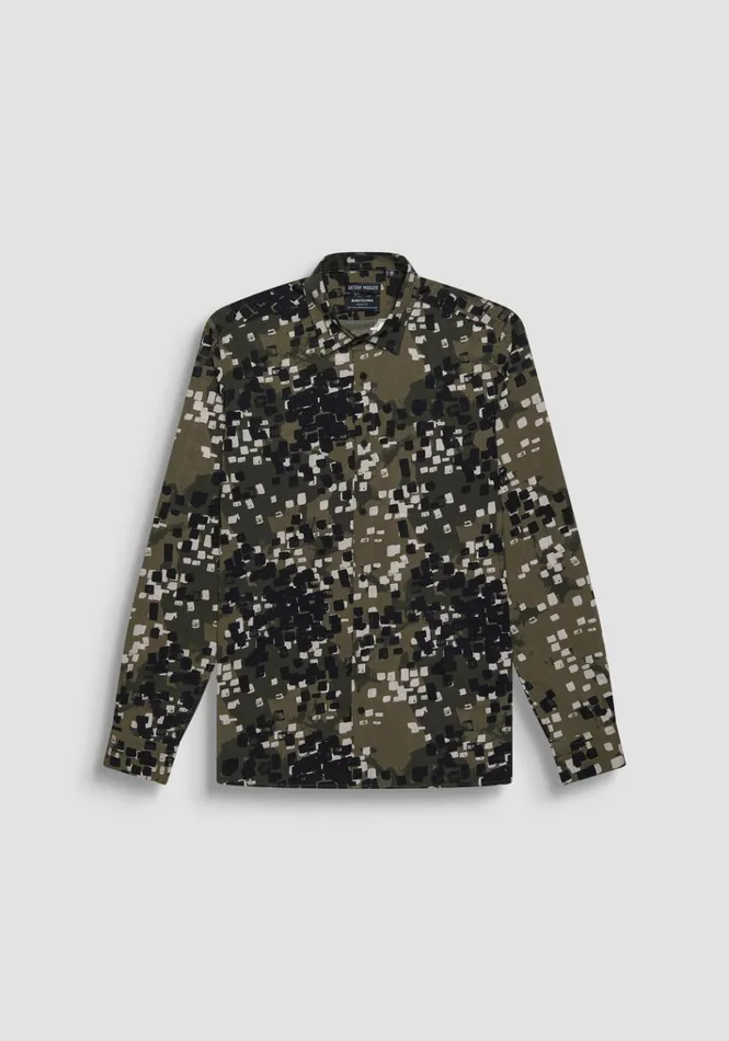 Shirts Men Antony Morato Barcelona Regular Fit Straight Cut Printed Viscose Blend Shirt Army Green