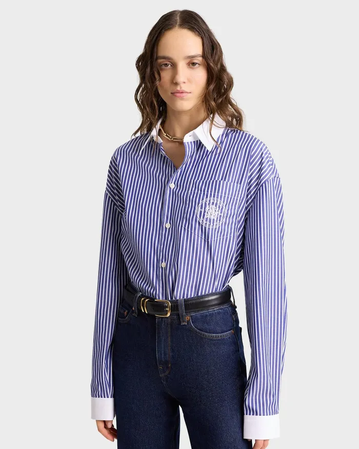 Shirts Men Sporty and Rich Bristol Crest 100th Oversized Shirt 8211 NavyWhite