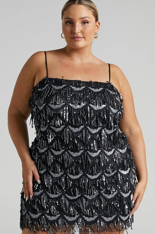 Shook Mini Dress 8211 Cami Sequin Fringe Dress In Black Sequin Women Showpo Curve Clothes
