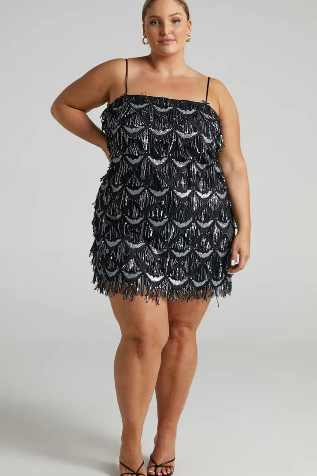 Shook Mini Dress 8211 Cami Sequin Fringe Dress In Black Sequin Women Showpo Curve Clothes