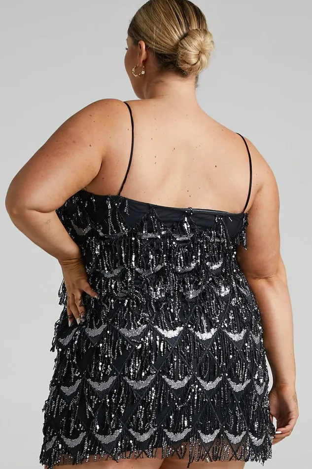 Shook Mini Dress 8211 Cami Sequin Fringe Dress In Black Sequin Women Showpo Curve Clothes