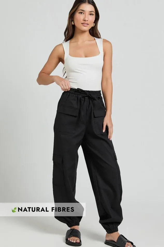 Simpson Pants 8211 Linen Look Tie Waist Pocket Detail Cargo Pants In Black Women Showpo Conscious Simpson Pants 8211 Linen Look Tie Waist Pocket Detail Cargo Pants In Black Women Showpo Conscious
