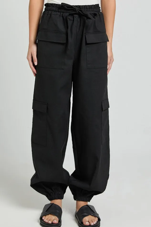 Simpson Pants 8211 Linen Look Tie Waist Pocket Detail Cargo Pants In Black Women Showpo Conscious