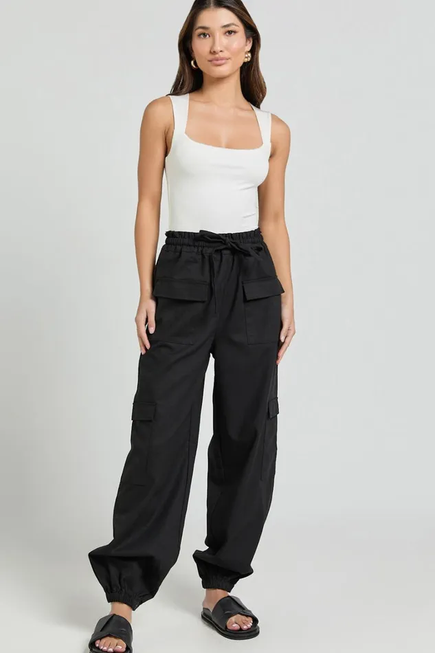 Simpson Pants 8211 Linen Look Tie Waist Pocket Detail Cargo Pants In Black Women Showpo Conscious