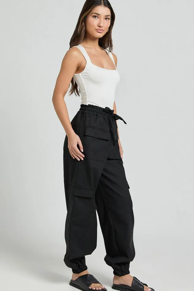 Simpson Pants 8211 Linen Look Tie Waist Pocket Detail Cargo Pants In Black Women Showpo Conscious