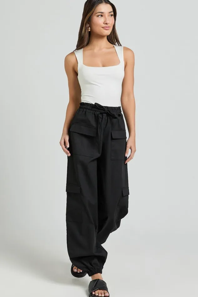 Simpson Pants 8211 Linen Look Tie Waist Pocket Detail Cargo Pants In Black Women Showpo Conscious