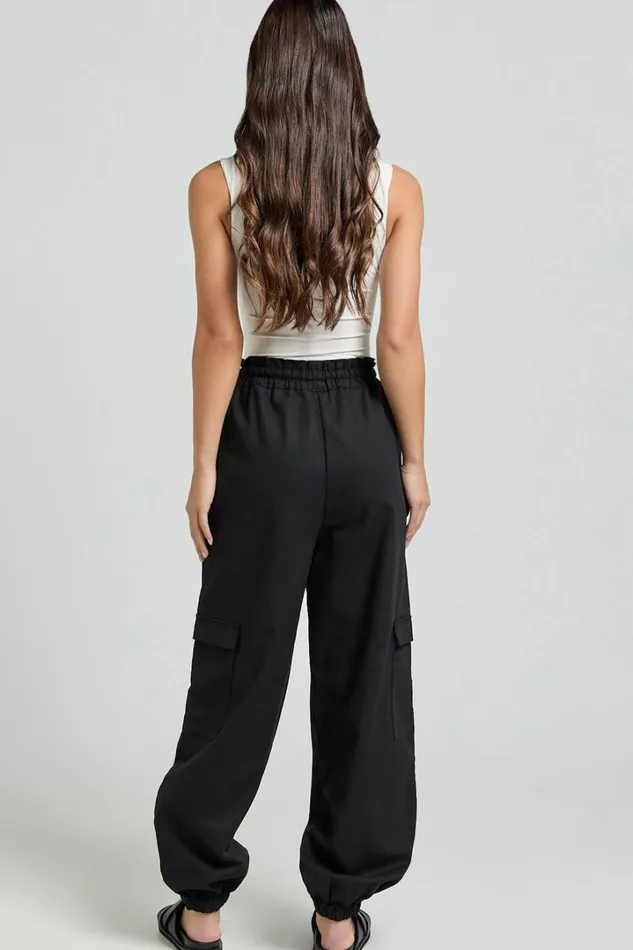 Simpson Pants 8211 Linen Look Tie Waist Pocket Detail Cargo Pants In Black Women Showpo Conscious
