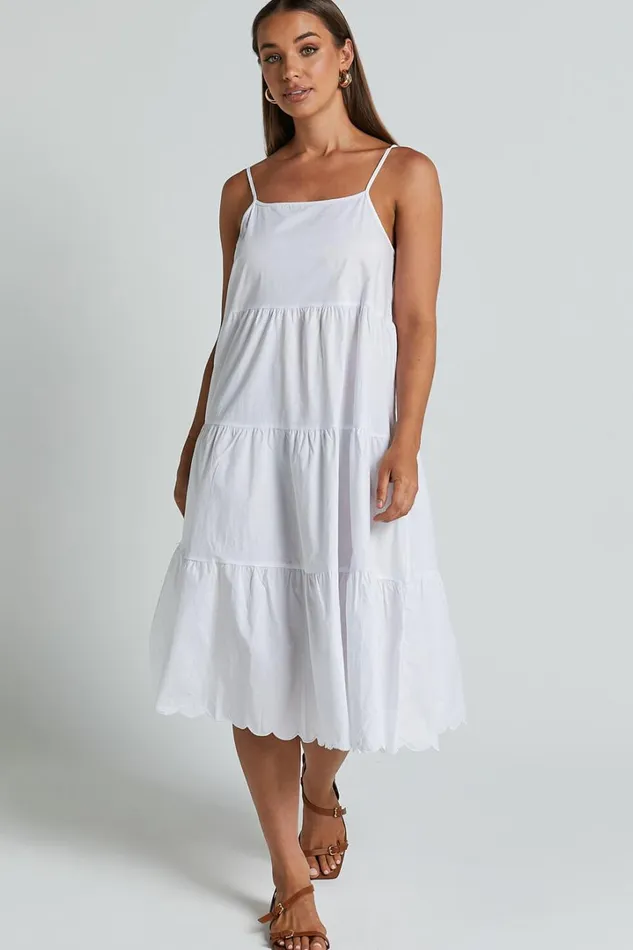 Siony Midi Dress 8211 Scoop Neck Strappy Scallop Hem Tiered Dress In White Women Showpo Dresses Siony Midi Dress 8211 Scoop Neck Strappy Scallop Hem Tiered Dress In White Women Showpo Dresses