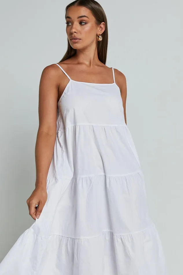 Siony Midi Dress 8211 Scoop Neck Strappy Scallop Hem Tiered Dress In White Women Showpo Dresses