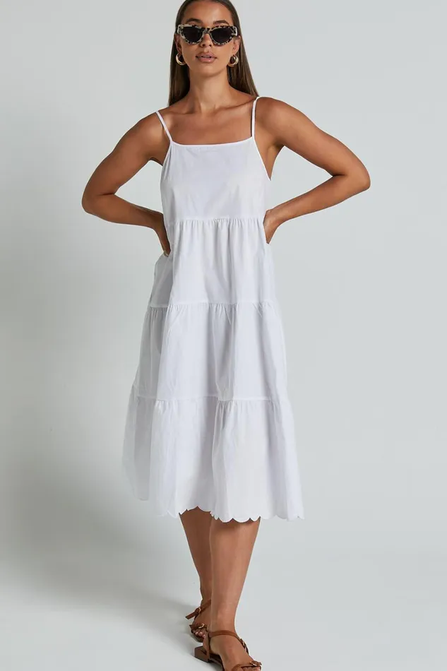 Siony Midi Dress 8211 Scoop Neck Strappy Scallop Hem Tiered Dress In White Women Showpo Dresses