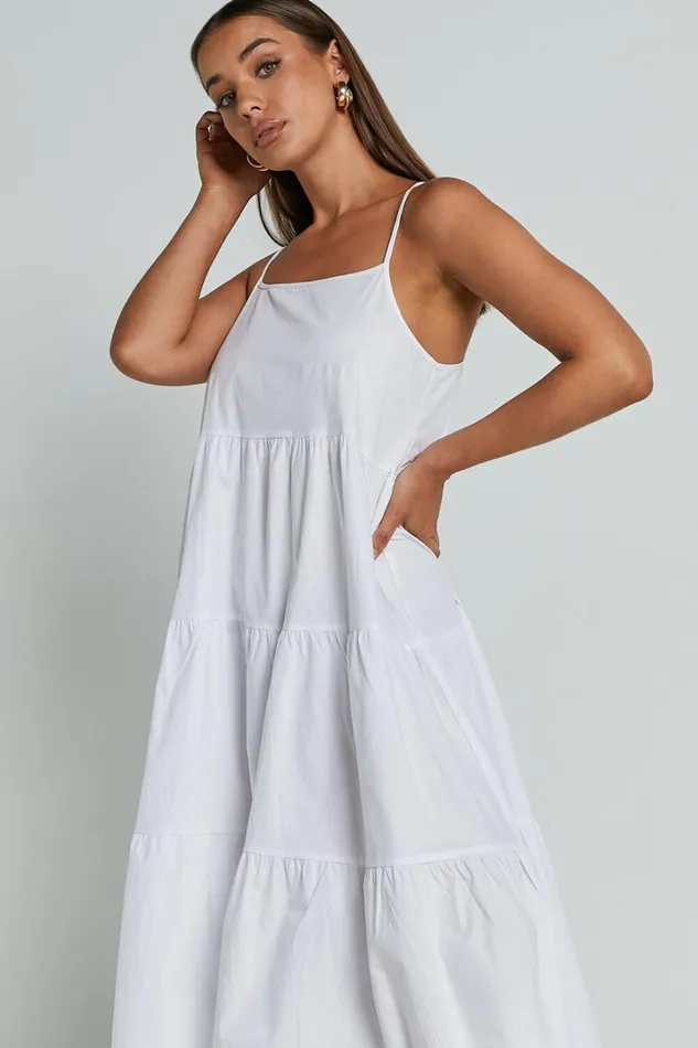Siony Midi Dress 8211 Scoop Neck Strappy Scallop Hem Tiered Dress In White Women Showpo Dresses