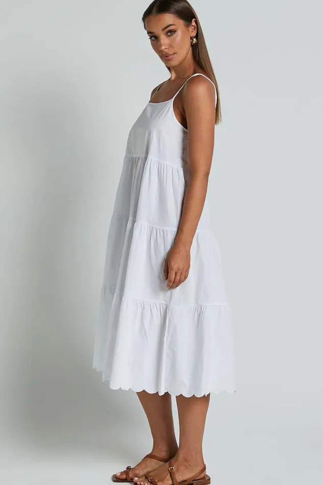 Siony Midi Dress 8211 Scoop Neck Strappy Scallop Hem Tiered Dress In White Women Showpo Dresses