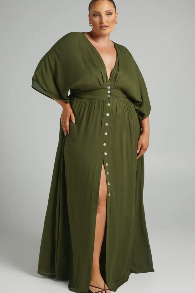Sitting Pretty Midi Dress 8211 Short Sleeve Button Down Dress In Olive Women Showpo Curve Clothes