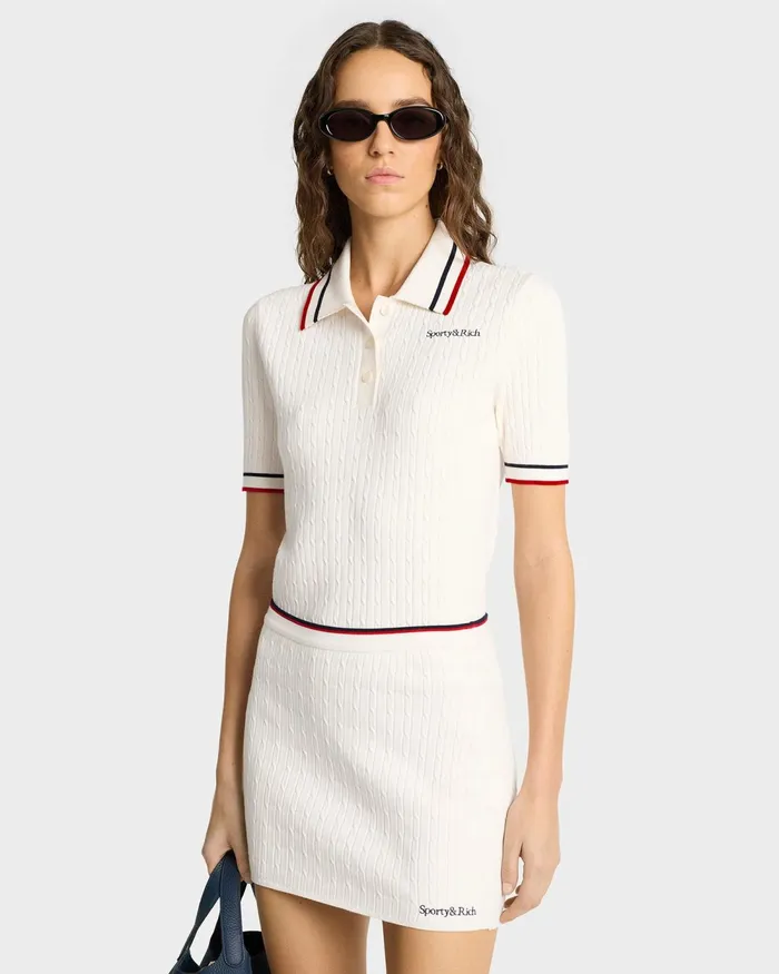 Skirts and Dresses Women Sporty and Rich Serif Logo Mini Cable Skirt 8211 Off WhiteNavyRed