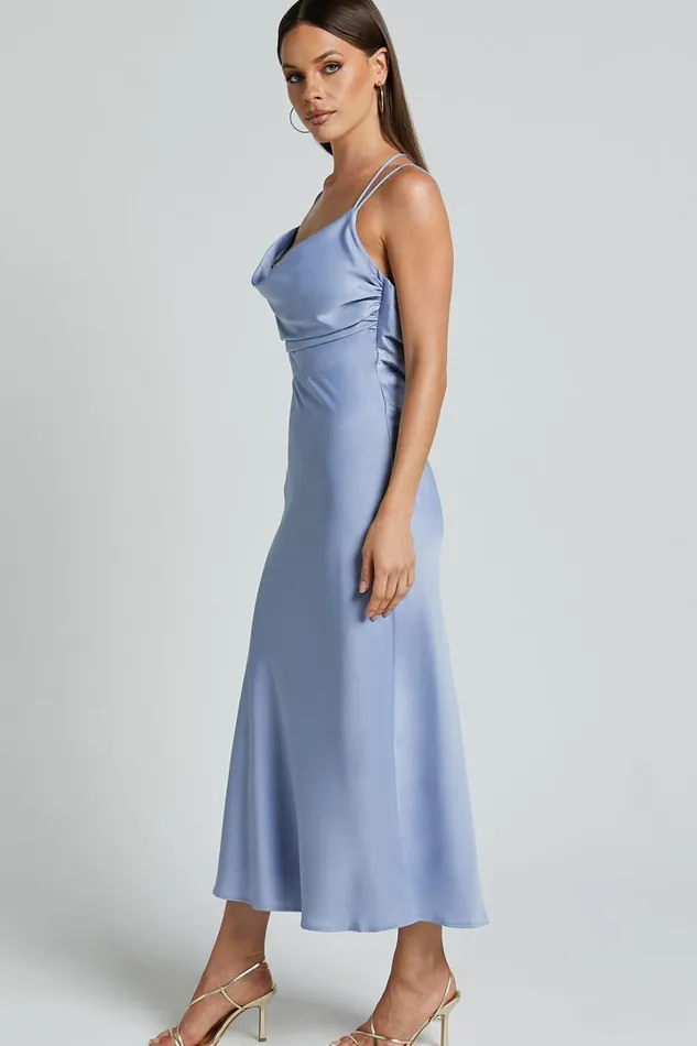 Soft Petal Midi Dress 8211 Cowl Crossover Back Dress In Cornflower Blue Women Showpo Curve Clothes