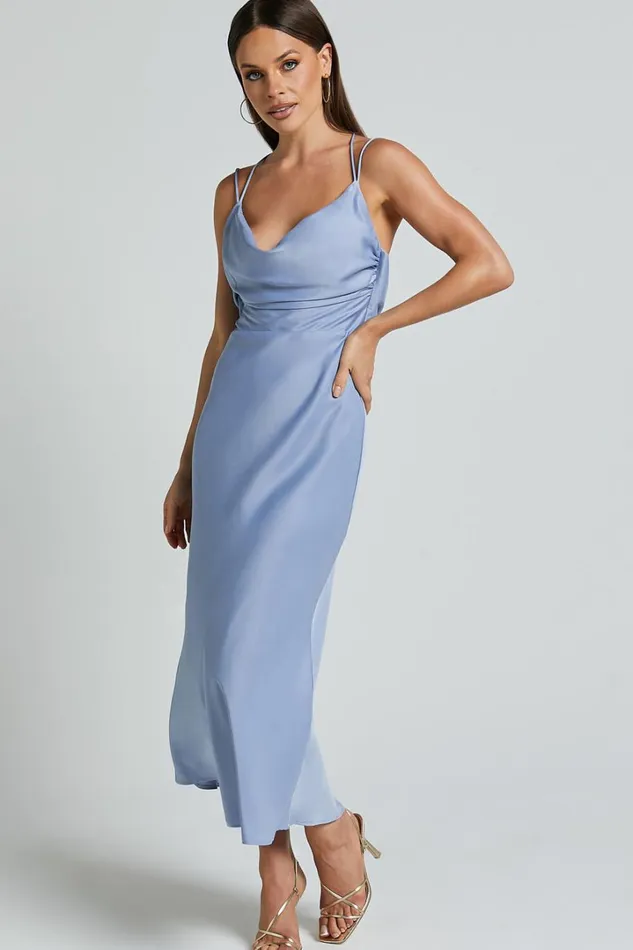 Soft Petal Midi Dress 8211 Cowl Crossover Back Dress In Cornflower Blue Women Showpo Curve Clothes