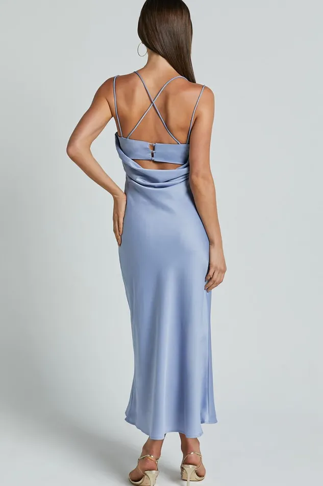 Soft Petal Midi Dress 8211 Cowl Crossover Back Dress In Cornflower Blue Women Showpo Curve Clothes