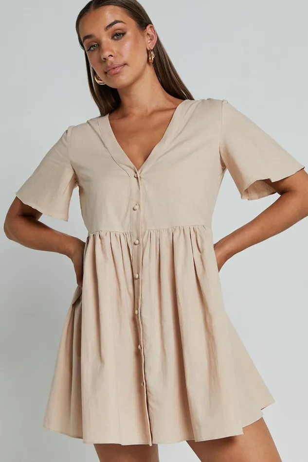 Staycation Mini Dress 8211 Smock Button Up Dress In Beige Women Showpo Curve Clothes