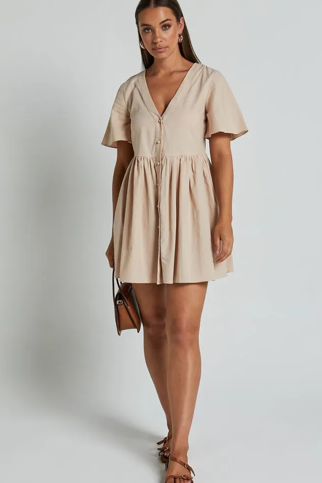 Staycation Mini Dress 8211 Smock Button Up Dress In Beige Women Showpo Curve Clothes
