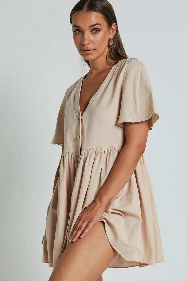Staycation Mini Dress 8211 Smock Button Up Dress In Beige Women Showpo Curve Clothes