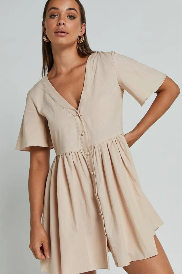 Staycation Mini Dress 8211 Smock Button Up Dress In Beige Women Showpo Curve Clothes
