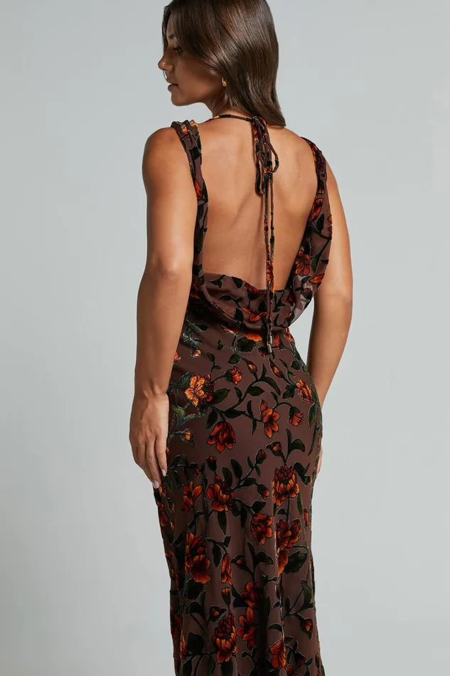 Stephania Midi Dress 8211 Cowl Neck Low Back Burnout Slip Dress In Chocolate Women Showpo Curve Clothes