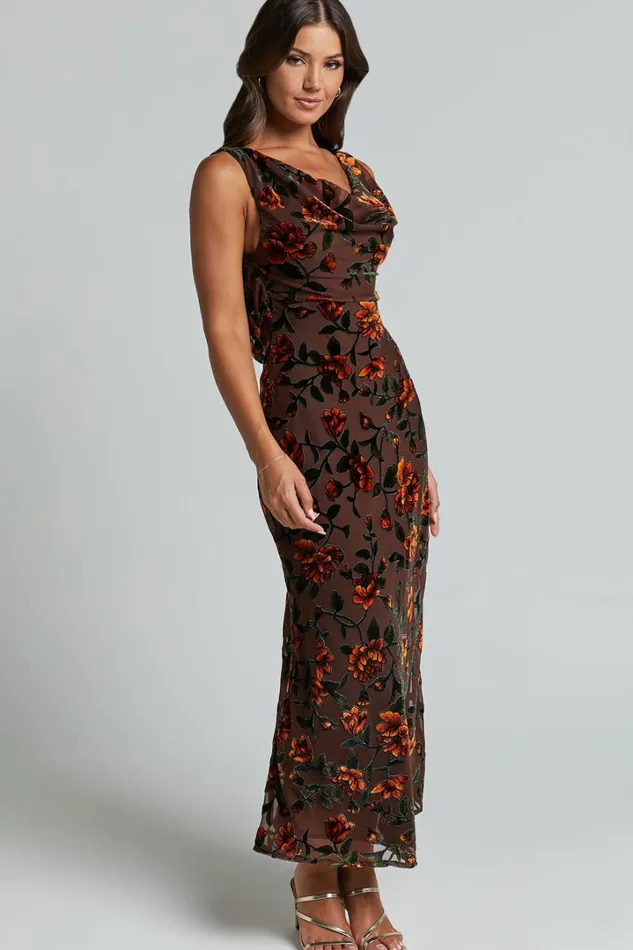Stephania Midi Dress 8211 Cowl Neck Low Back Burnout Slip Dress In Chocolate Women Showpo Curve Clothes