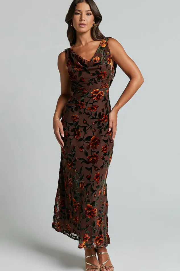 Stephania Midi Dress 8211 Cowl Neck Low Back Burnout Slip Dress In Chocolate Women Showpo Curve Clothes