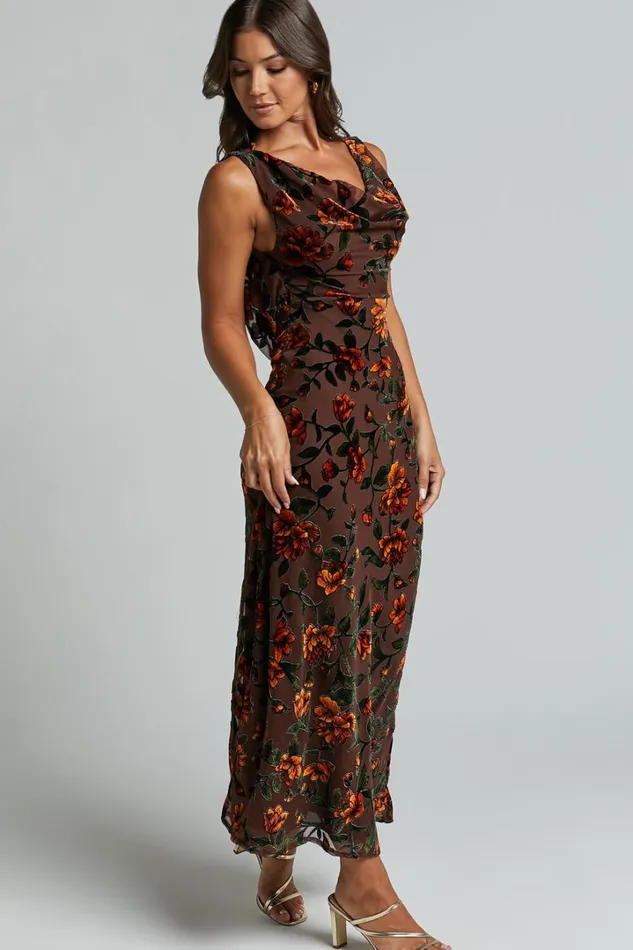 Stephania Midi Dress 8211 Cowl Neck Low Back Burnout Slip Dress In Chocolate Women Showpo Curve Clothes
