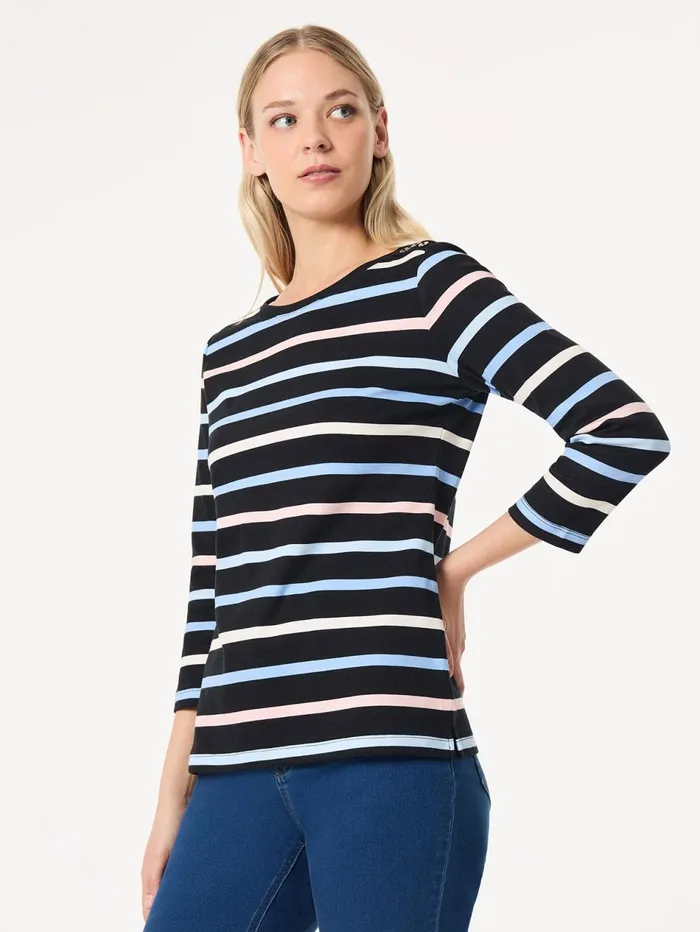 Striped 34 Sleeve Button Shoulder Tee Women Jones New York Tanks and Tees Striped 34 Sleeve Button Shoulder Tee Women Jones New York Tanks and Tees