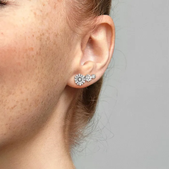 Stud Earrings Women Pandora Sparkling Daisy Flower Trio Stud Earrings