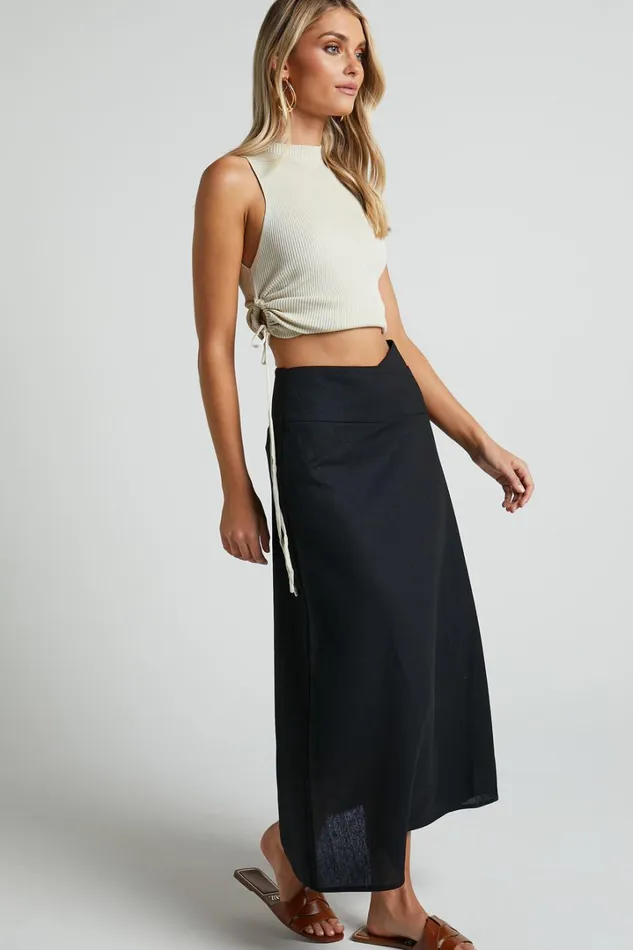 Sundry Midi Skirt 8211 Linen Look High Waisted Cross Front Detail Skirt In Black Women Showpo Skirts