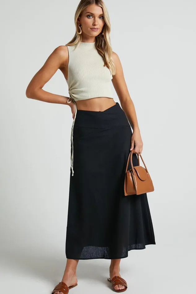 Sundry Midi Skirt 8211 Linen Look High Waisted Cross Front Detail Skirt In Black Women Showpo Skirts