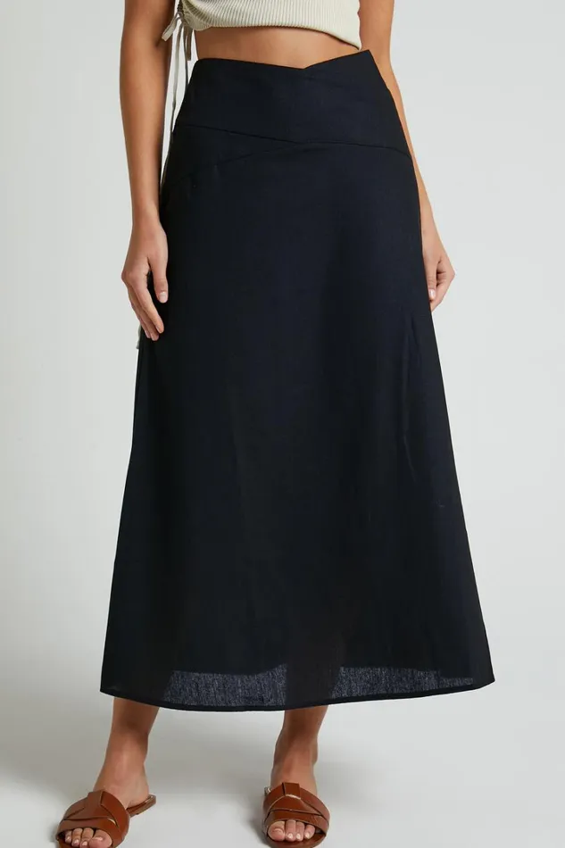 Sundry Midi Skirt 8211 Linen Look High Waisted Cross Front Detail Skirt In Black Women Showpo Skirts