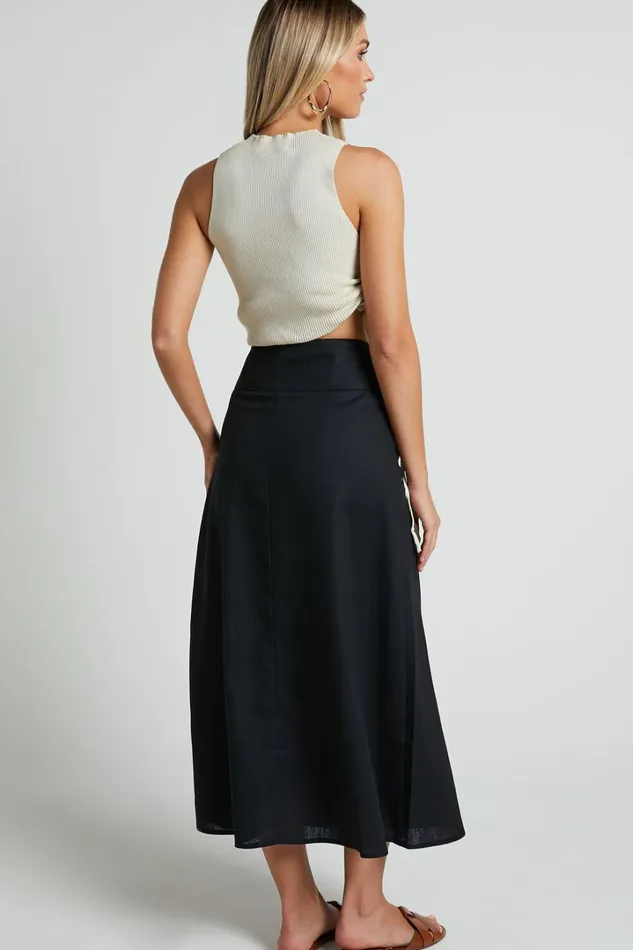 Sundry Midi Skirt 8211 Linen Look High Waisted Cross Front Detail Skirt In Black Women Showpo Skirts