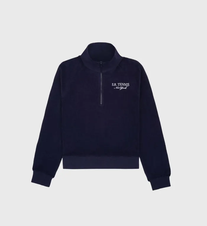 Sweatshirts Women Sporty and Rich SR Tennis Terry Quarter Zip 8211 NavyWhite