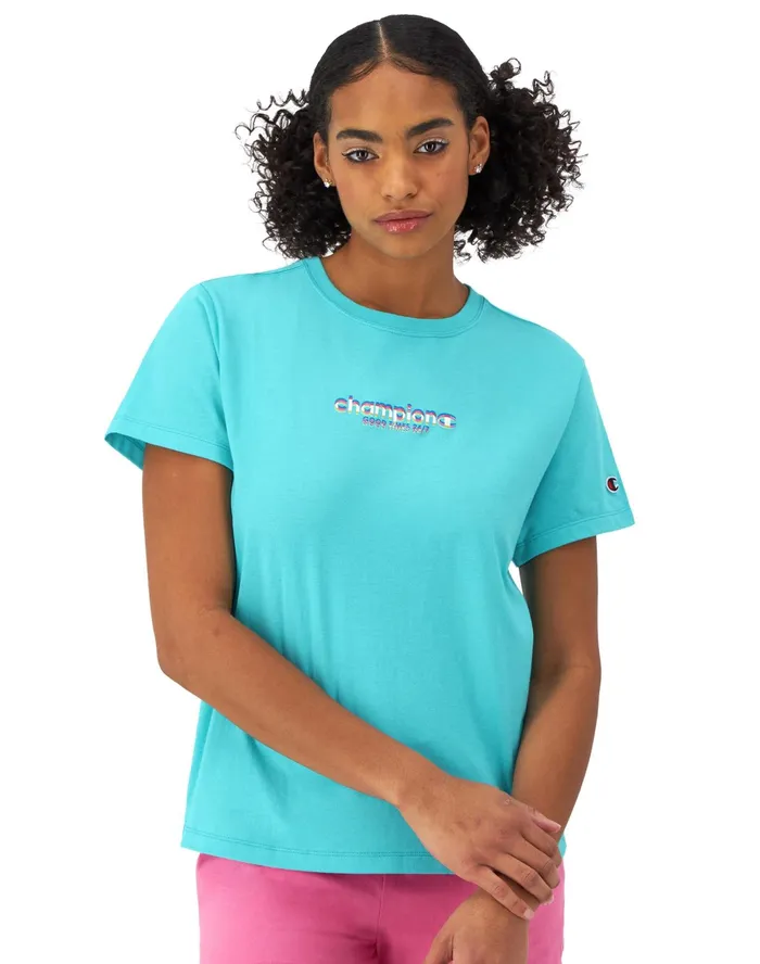 TShirt Good Times 247 Script Logo Graphic Aqua Excursion Women Champion TShirts and Tops