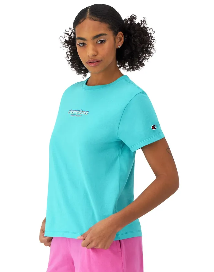 TShirt Good Times 247 Script Logo Graphic Aqua Excursion Women Champion TShirts and Tops