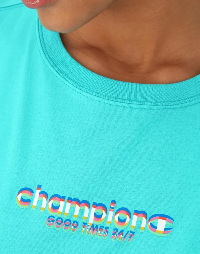 TShirt Good Times 247 Script Logo Graphic Aqua Excursion Women Champion TShirts and Tops