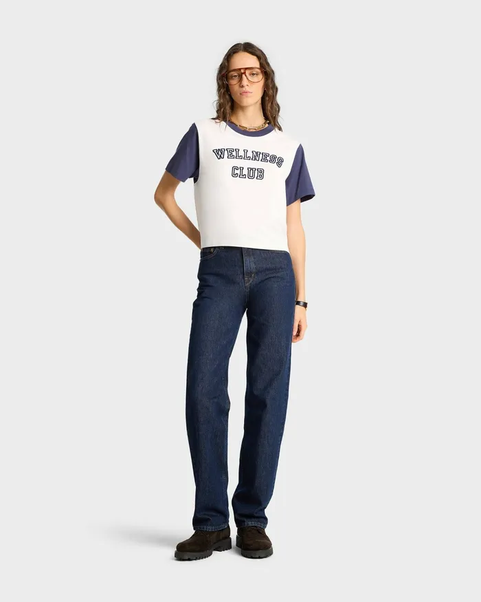 TShirts and Tops Women Sporty and Rich Wellness Club Color Block Cropped Tee 8211 WhiteNavy
